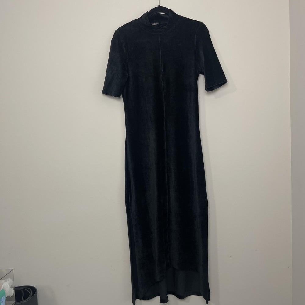 Lilla P Black Velour Maxi Dress Mock Neck Minimalist 90s Women's Sz S